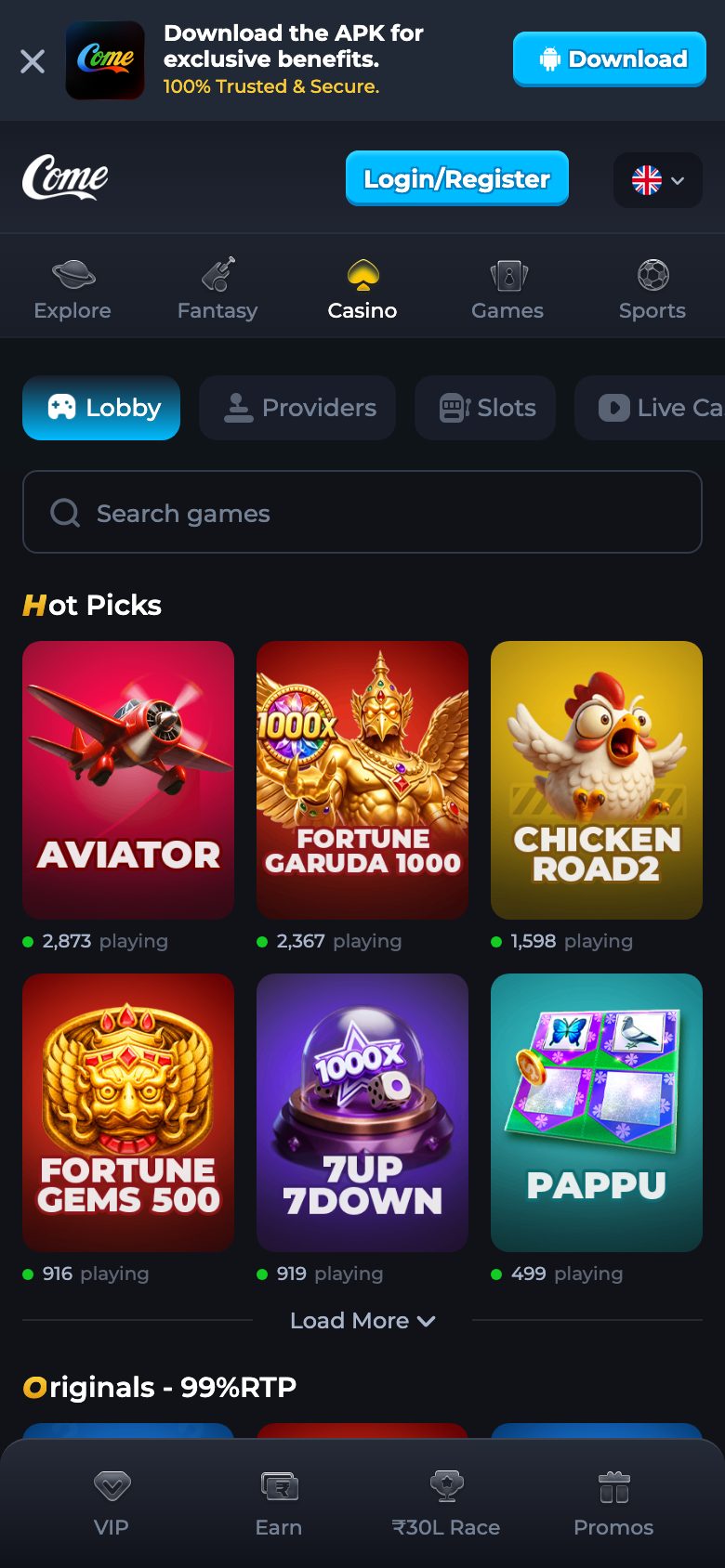 Channel casino lobby with a download strip, Login/Register, and game tiles under Hot Picks.